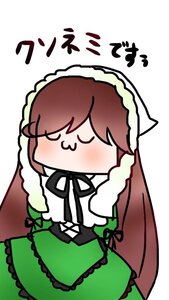 Rating: Safe Score: 0 Tags: 1girl apron black_ribbon brown_hair chibi closed_eyes dress facing_viewer frills green_dress image long_hair long_sleeves neck_ribbon ribbon solo striped suiseiseki white_background User: admin