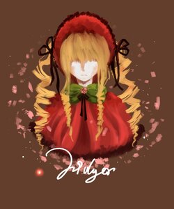 Rating: Safe Score: 0 Tags: 1girl blonde_hair bow bowtie brown_background dress drill_hair flower green_bow image long_hair long_sleeves petals ribbon shinku simple_background solo User: admin