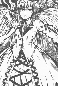 Rating: Safe Score: 0 Tags: 1girl dress flower frills greyscale image long_hair long_sleeves looking_at_viewer monochrome rose solo suigintou wings User: admin