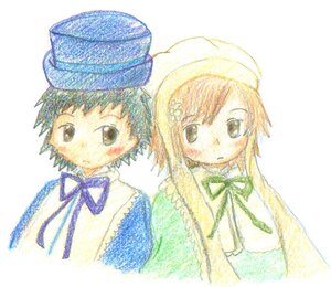 Rating: Safe Score: 0 Tags: 2girls blue_ribbon hat image looking_at_viewer multiple_girls neck_ribbon pair ribbon short_hair simple_background souseiseki suiseiseki upper_body watercolor_(medium) white_background User: admin