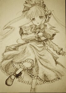 Rating: Safe Score: 0 Tags: 1girl bonnet bow bowtie dress frills full_body hat image long_hair long_sleeves looking_at_viewer monochrome open_mouth photo shinku simple_background solo standing traditional_media twintails User: admin