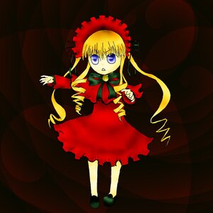 Rating: Safe Score: 0 Tags: 1girl blonde_hair blue_eyes bonnet bow bowtie checkered checkered_floor dress full_body green_bow image long_hair long_sleeves looking_at_viewer red_dress shinku shoes solo standing twintails User: admin