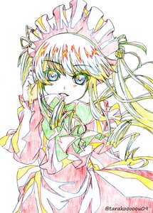 Rating: Safe Score: 0 Tags: 1girl colored_pencil_(medium) drill_hair eyebrows_visible_through_hair image long_hair long_sleeves looking_at_viewer maid_headdress shinku solo traditional_media twintails twitter_username User: admin