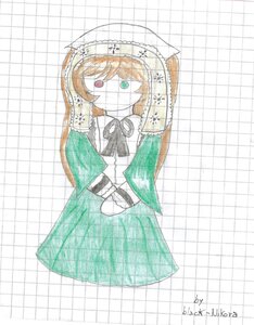 Rating: Safe Score: 0 Tags: 1girl brown_hair dress green_dress image long_hair long_sleeves looking_at_viewer red_eyes ribbon solo suiseiseki white_background User: admin