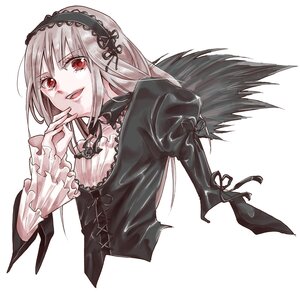 Rating: Safe Score: 3 Tags: 1girl black_ribbon black_wings gothic_lolita hairband image lolita_fashion long_hair long_sleeves looking_at_viewer open_mouth red_eyes silver_hair smile solo striped suigintou upper_body vertical_stripes white_background wings User: admin