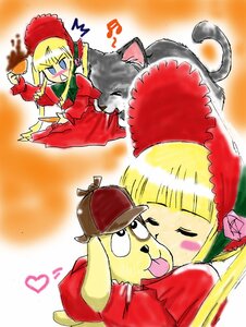 Rating: Safe Score: 0 Tags: blonde_hair blush bonnet dress hat heart image long_sleeves multiple_girls pink_bow red_dress shinku solo twintails User: admin