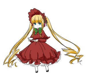 Rating: Safe Score: 0 Tags: 1girl blonde_hair blue_eyes bonnet bow bowtie cup dress full_body green_bow image long_hair long_sleeves looking_at_viewer saucer shinku shoes sidelocks simple_background solo standing teacup twintails very_long_hair white_background User: admin
