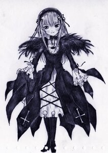 Rating: Safe Score: 0 Tags: 1girl blush boots dress frills full_body greyscale hairband image long_hair long_sleeves looking_at_viewer monochrome smile solo standing suigintou traditional_media wings User: admin