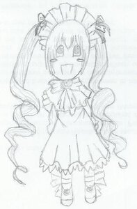 Rating: Safe Score: 0 Tags: 1girl :d bow dress full_body image long_hair long_sleeves monochrome open_mouth shinku smile solo standing striped striped_legwear traditional_media twintails very_long_hair User: admin