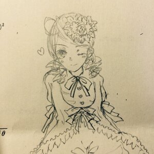 Rating: Safe Score: 0 Tags: 1girl dress flower frills hair_flower heart image kanaria monochrome one_eye_closed ribbon smile solo traditional_media User: admin