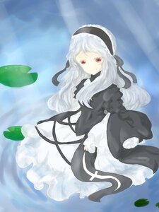 Rating: Safe Score: 0 Tags: 1girl black_dress closed_mouth dress frills gothic_lolita hairband image leaf lolita_fashion long_hair long_sleeves looking_at_viewer red_eyes smile solo suigintou very_long_hair wading water white_hair User: admin