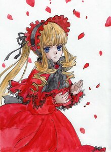 Rating: Safe Score: 0 Tags: 1girl blonde_hair blue_eyes bonnet dress drill_hair flower image long_hair long_sleeves looking_at_viewer marker_(medium) petals red_dress ringlets rose rose_petals shinku solo traditional_media twin_drills twintails User: admin