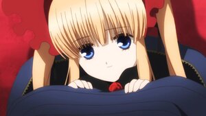 Rating: Safe Score: 0 Tags: 1girl bangs blonde_hair blue_eyes bow flower hat image long_hair long_sleeves looking_at_viewer rose shinku smile solo User: admin