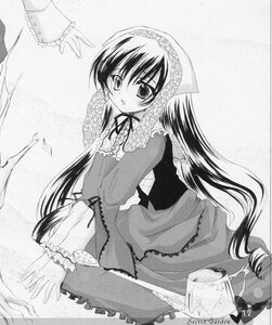 Rating: Safe Score: 0 Tags: 1girl blush dress frills greyscale image long_hair long_sleeves monochrome solo suiseiseki very_long_hair User: admin