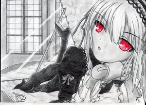 Rating: Safe Score: 0 Tags: 1girl bangs eyebrows_visible_through_hair frills hairband image long_sleeves looking_at_viewer monochrome red_eyes solo spot_color suigintou traditional_media window wings User: admin