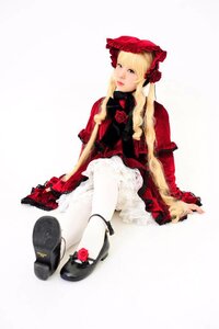 Rating: Safe Score: 0 Tags: 1girl blonde_hair blue_eyes bonnet dress flower hat lolita_fashion long_hair pantyhose red_dress red_flower red_rose rose shinku shoes sitting solo striped white_legwear User: admin