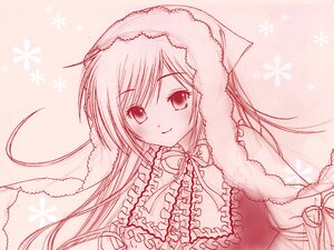Rating: Safe Score: 0 Tags: 1girl blush capelet eyebrows_visible_through_hair frills fur_trim image long_hair looking_at_viewer monochrome pink_theme ribbon smile solo suiseiseki upper_body User: admin