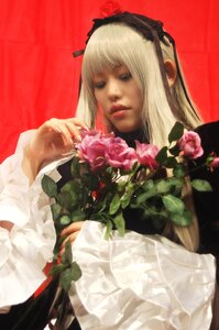 Rating: Safe Score: 0 Tags: 1girl bangs flower hairband lips long_hair looking_at_viewer realistic red_background ribbon rose solo suigintou upper_body User: admin