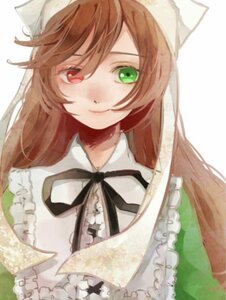 Rating: Safe Score: 0 Tags: 1girl bangs black_neckwear black_ribbon brown_hair closed_mouth dress frills green_eyes head_scarf heterochromia image long_hair looking_at_viewer neck_ribbon red_eyes simple_background smile solo striped suiseiseki upper_body white_background User: admin