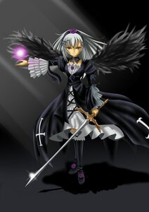 Rating: Safe Score: 0 Tags: 1girl black_wings boots dress feathers flower frills full_body hairband image long_hair long_sleeves looking_at_viewer puffy_sleeves rose silver_hair solo suigintou sword weapon wings User: admin