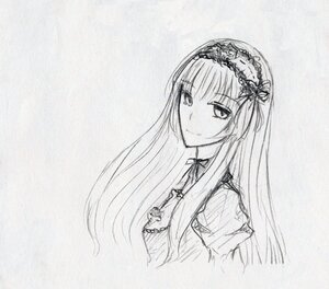 Rating: Safe Score: 0 Tags: 1girl closed_mouth dress eyebrows_visible_through_hair graphite_(medium) greyscale hairband image lolita_hairband long_hair long_sleeves looking_at_viewer monochrome ribbon simple_background smile solo suigintou traditional_media upper_body white_background User: admin