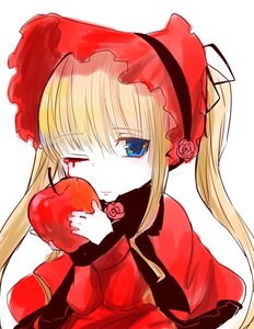 Rating: Safe Score: 0 Tags: 1girl blonde_hair blue_eyes bow dress flower food fruit holding image long_hair long_sleeves one_eye_closed red_flower red_rose rose shinku solo twintails upper_body white_background User: admin