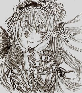 Rating: Safe Score: 0 Tags: 1girl dress flower frills greyscale hair_ornament hands_on_own_cheeks hands_on_own_face image long_hair looking_at_viewer monochrome rose smile solo suigintou traditional_media upper_body User: admin