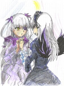 Rating: Safe Score: 0 Tags: 2girls barasuishou black_wings dress frilled_sleeves frills hairband image long_hair long_sleeves looking_at_another multiple_girls pair ribbon silver_hair suigintou traditional_media very_long_hair wings yellow_eyes User: admin