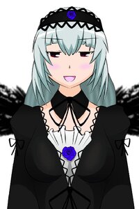 Rating: Safe Score: 0 Tags: 1girl black_dress blue_flower blush dress flower frills gothic_lolita hairband image lolita_fashion lolita_hairband long_hair long_sleeves looking_at_viewer open_mouth red_eyes rose silver_hair smile solo suigintou upper_body white_background User: admin