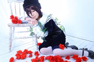 Rating: Safe Score: 0 Tags: 1girl black_footwear brown_hair flower hat lips looking_at_viewer mary_janes pantyhose red_flower red_rose rose scarf shoes short_hair sitting solo souseiseki striped thorns User: admin