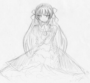 Rating: Safe Score: 0 Tags: 1girl bow dress greyscale hairband image long_hair long_sleeves looking_at_viewer monochrome sketch solo suigintou traditional_media very_long_hair User: admin