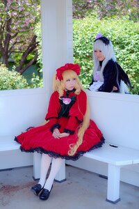 Rating: Safe Score: 0 Tags: 2girls blonde_hair blue_eyes bonnet bow dress flower frills long_hair multiple_cosplay multiple_girls outdoors pantyhose red_dress shinku shoes sitting tagme white_legwear User: admin