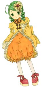 Rating: Safe Score: 0 Tags: 1girl ahoge bloomers dress drill_hair flower frills full_body green_eyes green_hair hair_ornament image kanaria long_sleeves orange_dress shoes solo standing striped twin_drills white_background User: admin