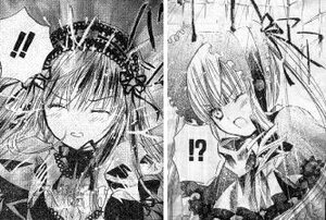Rating: Safe Score: 0 Tags: ! !! 1girl closed_eyes comic greyscale image monochrome open_mouth pair shinku spoken_exclamation_mark suigintou User: admin