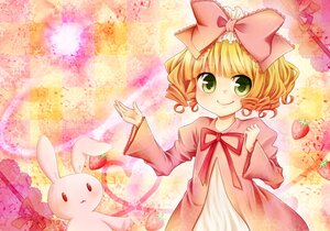 Rating: Safe Score: 0 Tags: 1girl blonde_hair bow dress food fruit green_eyes hair_bow hina_ichigo hinaichigo image long_sleeves pink_bow ribbon short_hair smile solo strawberry User: admin