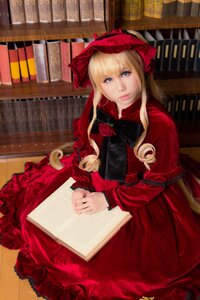 Rating: Safe Score: 0 Tags: 1girl animal blonde_hair blue_eyes bonnet book book_stack bookshelf capelet cat dress flower frills library long_hair looking_at_viewer open_book red_dress shinku sitting solo User: admin