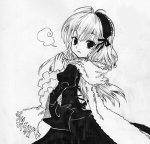 Rating: Safe Score: 0 Tags: 1girl antenna_hair dress eyebrows_visible_through_hair fur_trim greyscale image long_hair long_sleeves looking_at_viewer looking_back monochrome ribbon solo suigintou traditional_media wings User: admin