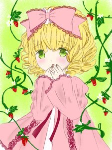 Rating: Safe Score: 0 Tags: 1girl blonde_hair blush bow bug covering_mouth dress flower frills fruit green_eyes hina_ichigo hinaichigo image insect long_sleeves looking_at_viewer pink_bow plant red_flower rose short_hair solo strawberry thorns vines User: admin