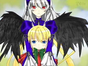 Rating: Safe Score: 0 Tags: 2girls angel_wings black_wings blonde_hair blue_eyes blush dress feathered_wings feathers flower hairband image long_hair long_sleeves looking_at_viewer multiple_girls pair red_eyes ribbon rose shinku silver_hair smile suigintou wings User: admin