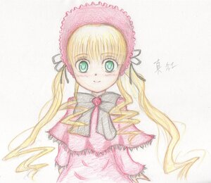 Rating: Safe Score: 0 Tags: 1girl blonde_hair blush bonnet capelet green_eyes hat image long_hair long_sleeves looking_at_viewer pink_dress ribbon shinku signature simple_background smile solo traditional_media twintails upper_body white_background User: admin