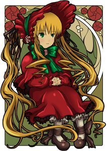 Rating: Safe Score: 0 Tags: 1girl blonde_hair bonnet bow bowtie capelet dress flower frills full_body green_bow green_eyes image long_hair long_sleeves looking_at_viewer shinku shoes sitting solo twintails very_long_hair User: admin