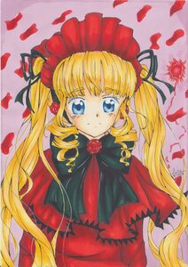 Rating: Safe Score: 0 Tags: 1girl blonde_hair blue_eyes blush bonnet bow bowtie capelet dress drill_hair flower image long_hair long_sleeves looking_at_viewer marker_(medium) petals red_capelet rose shinku solo tears traditional_media twintails User: admin