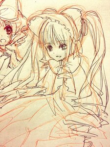 Rating: Safe Score: 0 Tags: 2girls :d bonnet bow dress image long_hair looking_at_viewer monochrome multiple_girls open_mouth shinku simple_background sketch smile solo very_long_hair User: admin