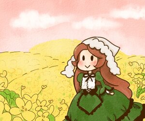 Rating: Safe Score: 0 Tags: 1girl blush brown_hair bug chibi dress flower hat image insect long_hair long_sleeves solo suiseiseki watering_can User: admin