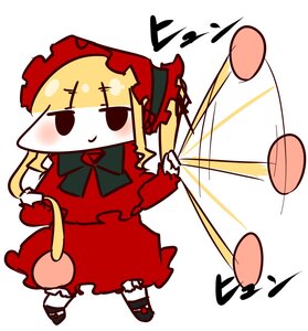 Rating: Safe Score: 0 Tags: 1girl blonde_hair bonnet bow dress eighth_note image long_hair long_sleeves musical_note red_dress shinku smile solo white_legwear User: admin