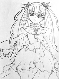 Rating: Safe Score: 0 Tags: 1girl barasuishou dress eyepatch frills greyscale hair_ribbon image long_hair long_sleeves looking_at_viewer monochrome ribbon smile solo twintails two_side_up User: admin