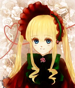 Rating: Safe Score: 0 Tags: 1girl blonde_hair blue_eyes bow dress flower heart image long_hair long_sleeves looking_at_viewer pink_rose rose shinku smile solo twintails upper_body User: admin