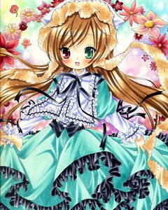 Rating: Safe Score: 0 Tags: 1girl :d blush brown_hair dress flower frills green_dress green_eyes hat heterochromia image long_hair long_sleeves looking_at_viewer marker_(medium) open_mouth pastel_(medium) red_eyes smile solo suiseiseki traditional_media very_long_hair watercolor_(medium) User: admin