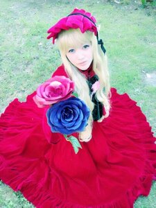 Rating: Safe Score: 0 Tags: 1girl blonde_hair blue_eyes blue_flower blue_rose bonnet dress flower long_hair looking_at_viewer pink_flower pink_rose red_dress red_rose rose shinku solo User: admin