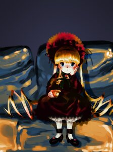 Rating: Safe Score: 0 Tags: 1girl bangs blonde_hair blue_eyes blush bonnet bow bowtie cup dress full_body hat holding_cup image long_hair long_sleeves red_dress shinku shoes sitting solo teacup twintails very_long_hair User: admin
